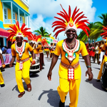 A vibrant Junkanoo parade in Nassau, Bahamas. Focus on the colorful costumes, energetic dancers, and musicians playing traditional instruments like drums and horns. Capture the festive atmosphere and the historical significance of the Junkanoo festival as a celebration of freedom and African heritage.