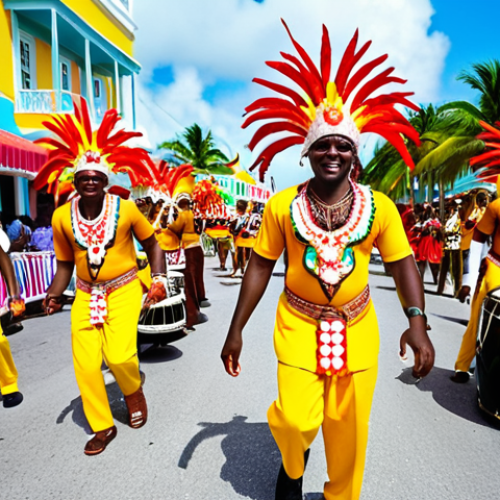 Home 4 A vibrant Junkanoo parade in Nassau, Bahamas. Focus on the colorful costumes, energetic dancers, and musicians playing traditional instruments like drums and horns. Capture the festive atmosphere and the historical significance of the Junkanoo festival as a celebration of freedom and African heritage.