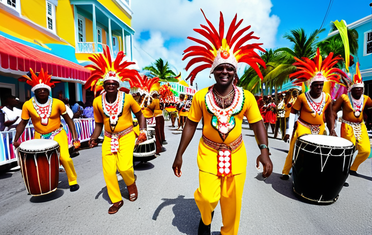 A vibrant Junkanoo parade in Nassau, Bahamas. Focus on the colorful costumes, energetic dancers, and musicians playing traditional instruments like drums and horns. Capture the festive atmosphere and the historical significance of the Junkanoo festival as a celebration of freedom and African heritage.