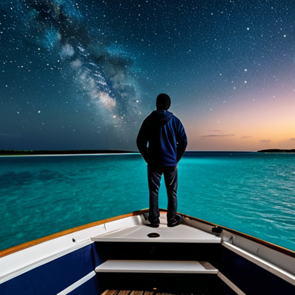 A person in modest, warm outdoor clothing, fully clothed, standing calmly on a small, stable boat on a tranquil, dark sea in the Exuma Cays, Bahamas. The incredibly clear night sky above reveals a breathtaking view of the Milky Way, with countless bright stars scattered like diamonds. The horizon shows faint outlines of distant, uninhabited islands. The atmosphere is peaceful and awe-inspiring, illuminated solely by natural starlight. This image features perfect anatomy, correct proportions, a natural pose, well-formed hands, and proper finger count, ensuring natural body proportions. It is safe for work, appropriate content, fully clothed, and family-friendly, rendered with professional quality and high resolution.