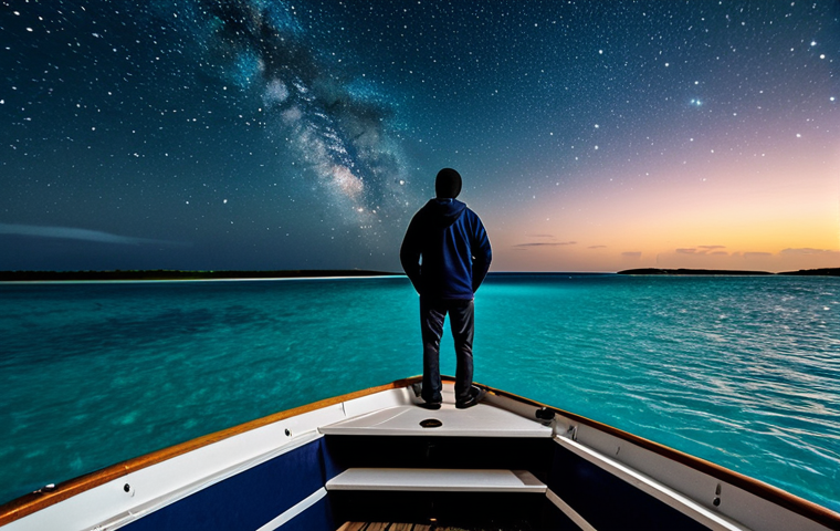 A person in modest, warm outdoor clothing, fully clothed, standing calmly on a small, stable boat on a tranquil, dark sea in the Exuma Cays, Bahamas. The incredibly clear night sky above reveals a breathtaking view of the Milky Way, with countless bright stars scattered like diamonds. The horizon shows faint outlines of distant, uninhabited islands. The atmosphere is peaceful and awe-inspiring, illuminated solely by natural starlight. This image features perfect anatomy, correct proportions, a natural pose, well-formed hands, and proper finger count, ensuring natural body proportions. It is safe for work, appropriate content, fully clothed, and family-friendly, rendered with professional quality and high resolution.